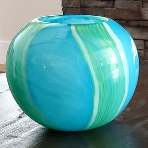 Hand Blown Art Glass Globe Vase, Aqua Blue/Green/White, 7", EUC
